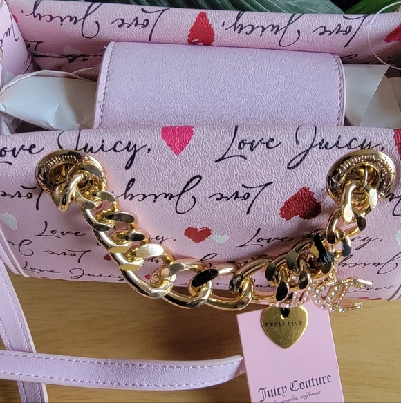 Juicy Couture Pink Heart Print Crossbody Bag With Rhinestone Charm - Picture 5 of 8